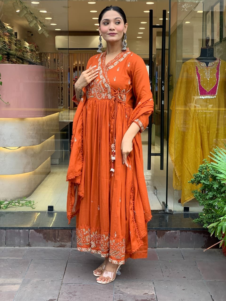 Cotton Angrakha Kurti Pant Set with Embroidered Dupatta